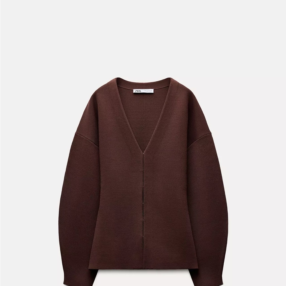 Zara Fitted Waist Plain Knit Brown V-Neck Cardigan